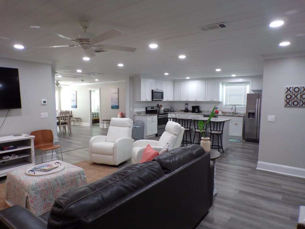 Dining room, Interior, Kitchen, Living room, Recessed Lighting, Wood Texture Flooring