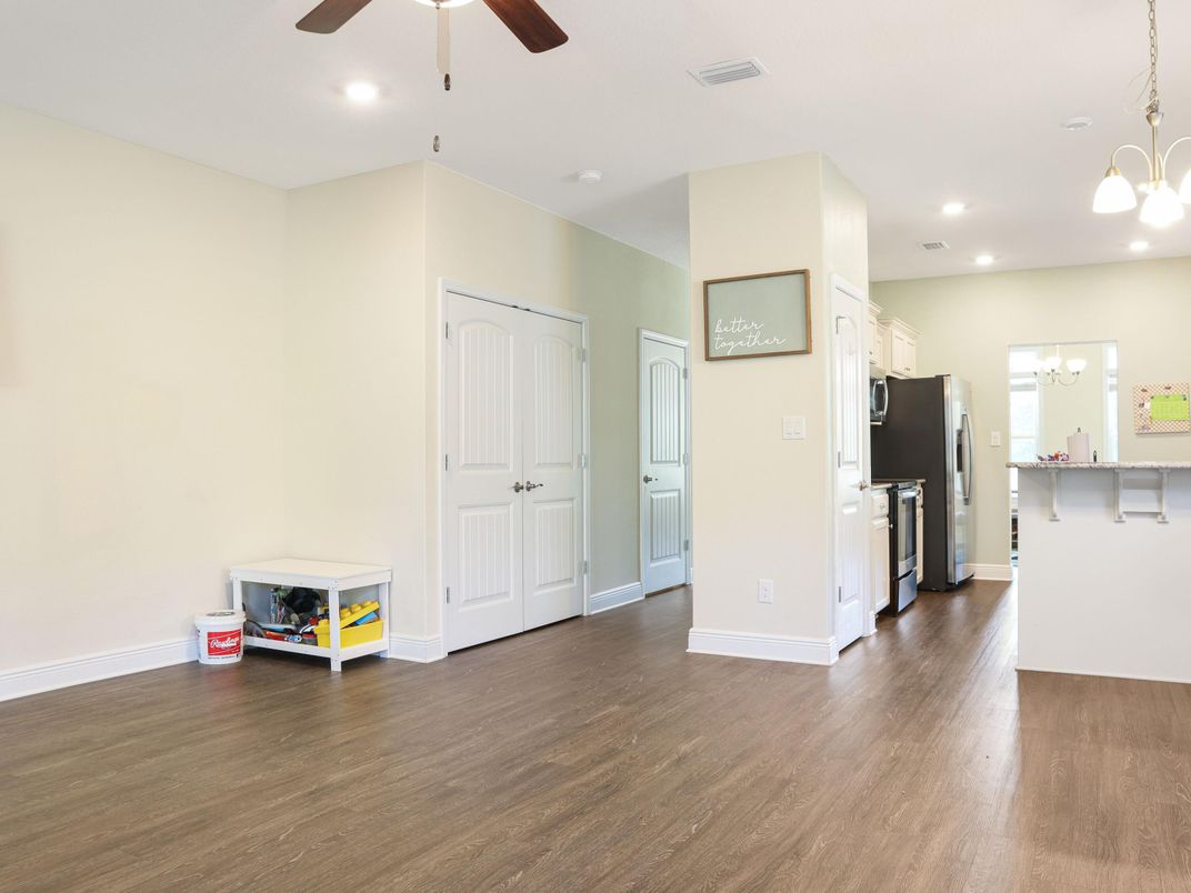 Empty room, Interior, Kitchen, Pendant Lights, Recessed Lighting, Wood Texture Flooring