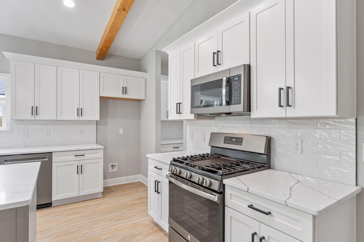 Interior, Kitchen, Recessed Lighting, Stainless Steel Appliances, Wooden Beams, Wood Texture Flooring