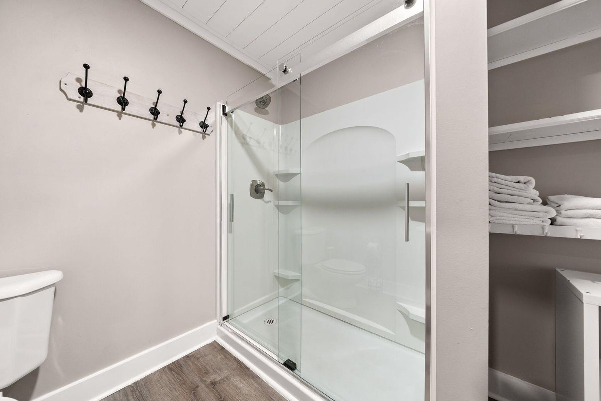 Bathroom, Glass Shower, Interior, Wood Texture Flooring