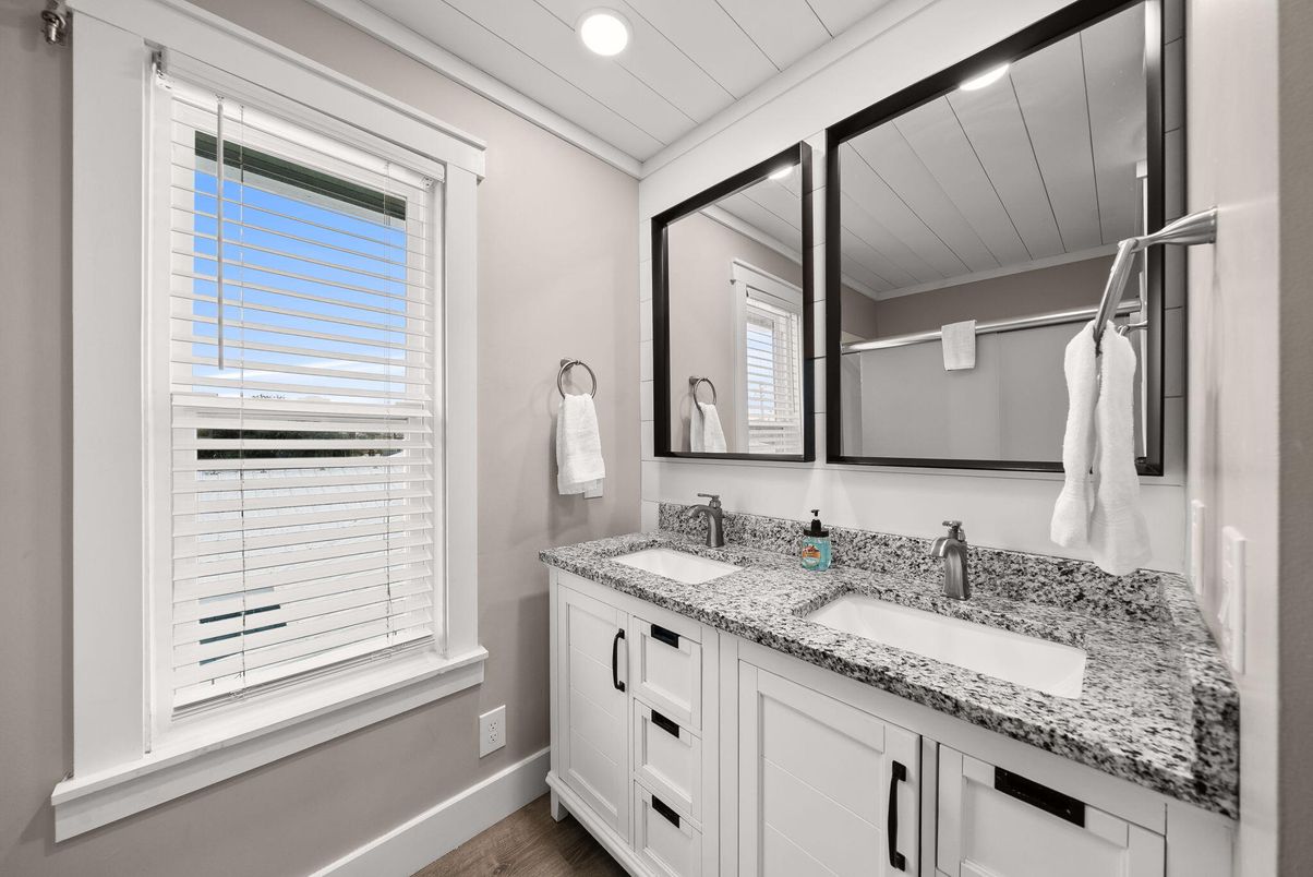 Bathroom, Dual Sink Vanities, Interior, Recessed Lighting, Wood Texture Flooring