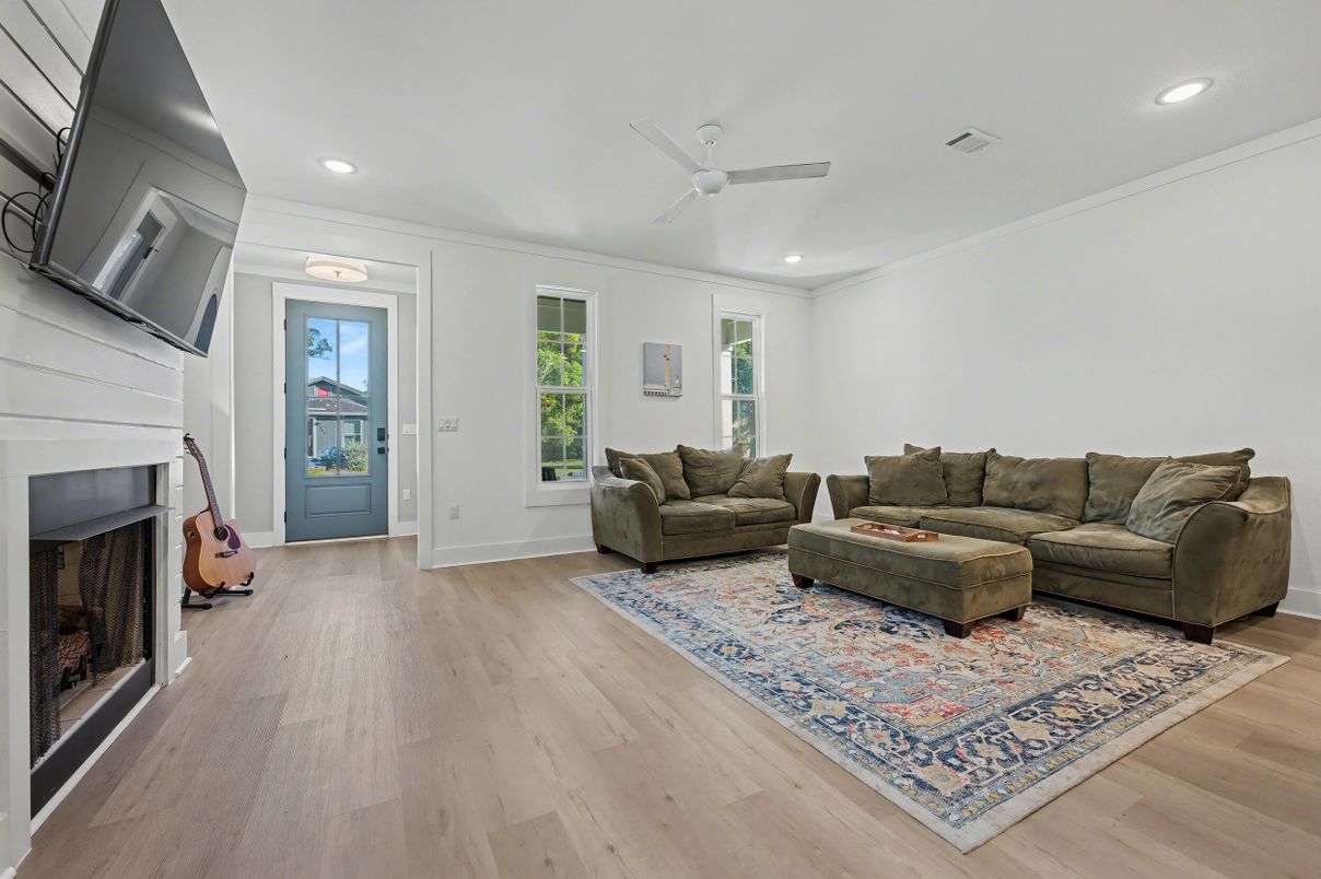 Fireplace, Interior, Living room, Recessed Lighting, Wood Texture Flooring