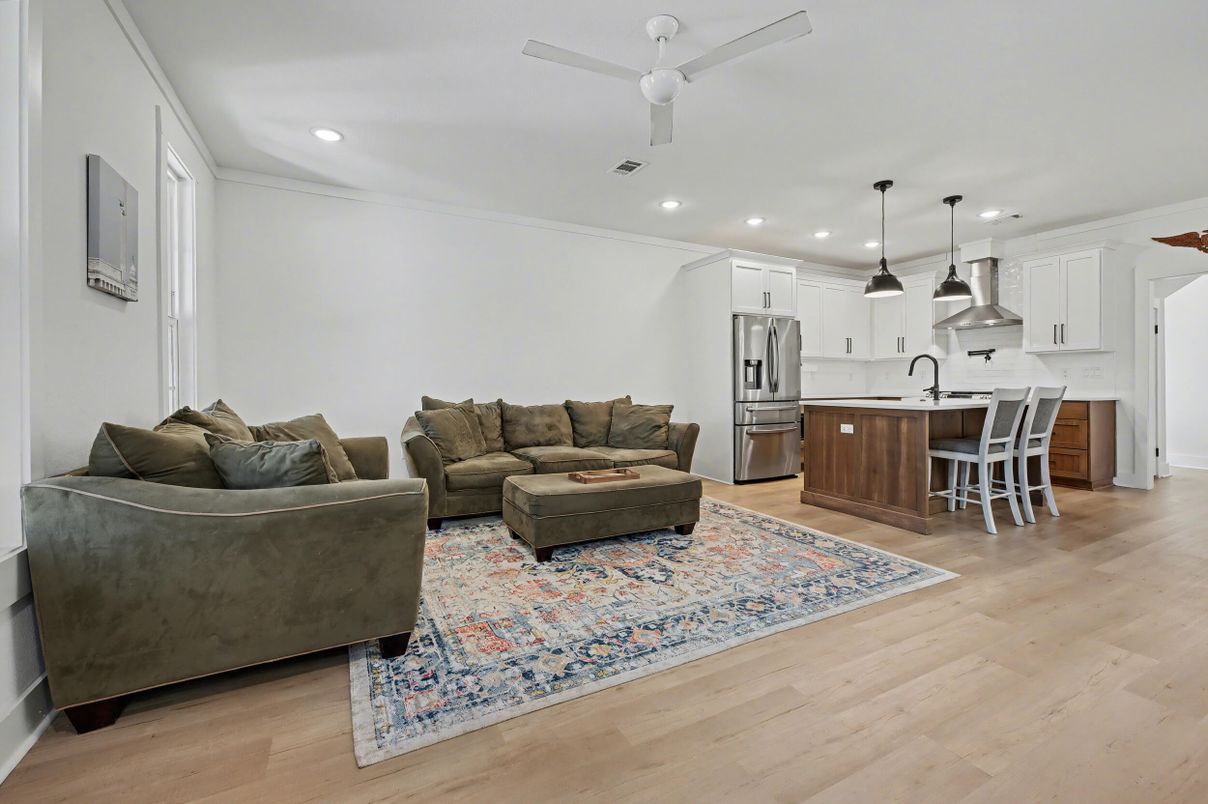 Interior, Kitchen, Living room, Pendant Lights, Recessed Lighting, Stainless Steel Appliances, Wood Texture Flooring