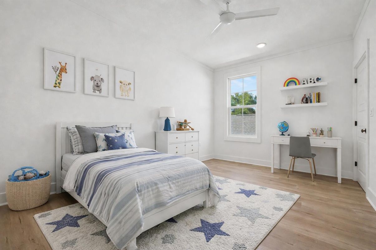 Bedroom, Interior, Recessed Lighting, Wood Texture Flooring