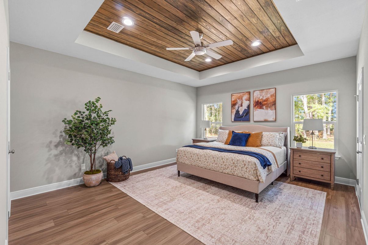 Bedroom, Interior, Recessed Lighting, Wooden Ceilings, Wood Texture Flooring