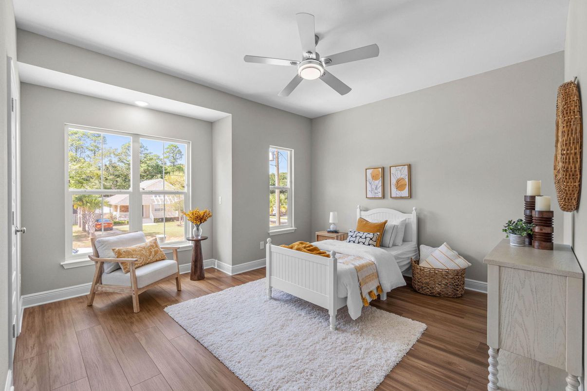 Bedroom, Interior, Recessed Lighting, Wood Texture Flooring