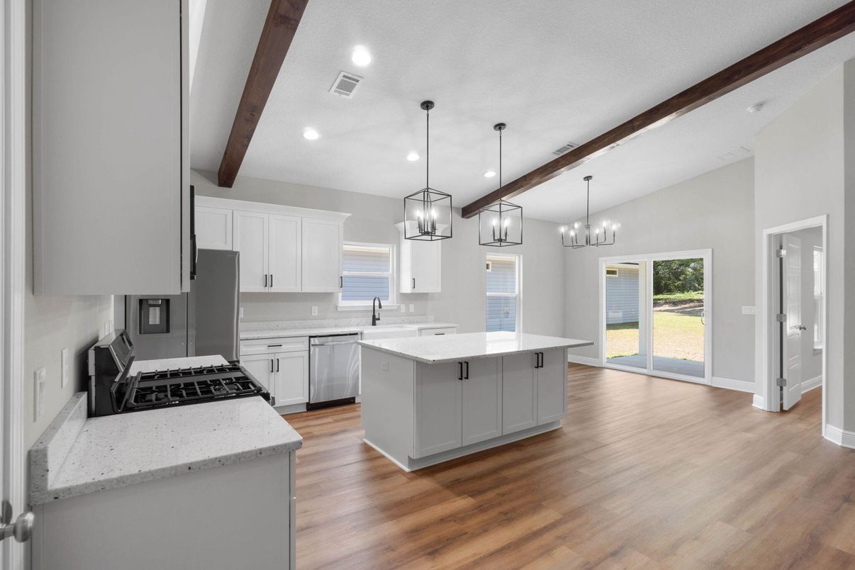 Chandelier, Interior, Kitchen, Pendant Lights, Recessed Lighting, Wooden Beams, Wood Texture Flooring