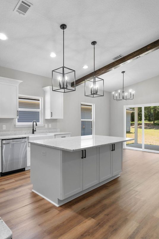 Chandelier, Interior, Kitchen, Pendant Lights, Recessed Lighting, Wood Texture Flooring