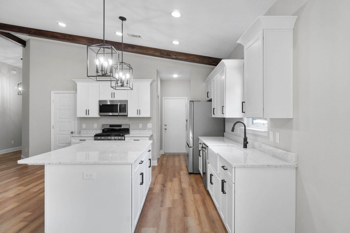 Interior, Kitchen, Pendant Lights, Recessed Lighting, Stainless Steel Appliances, Wooden Beams, Wood Texture Flooring