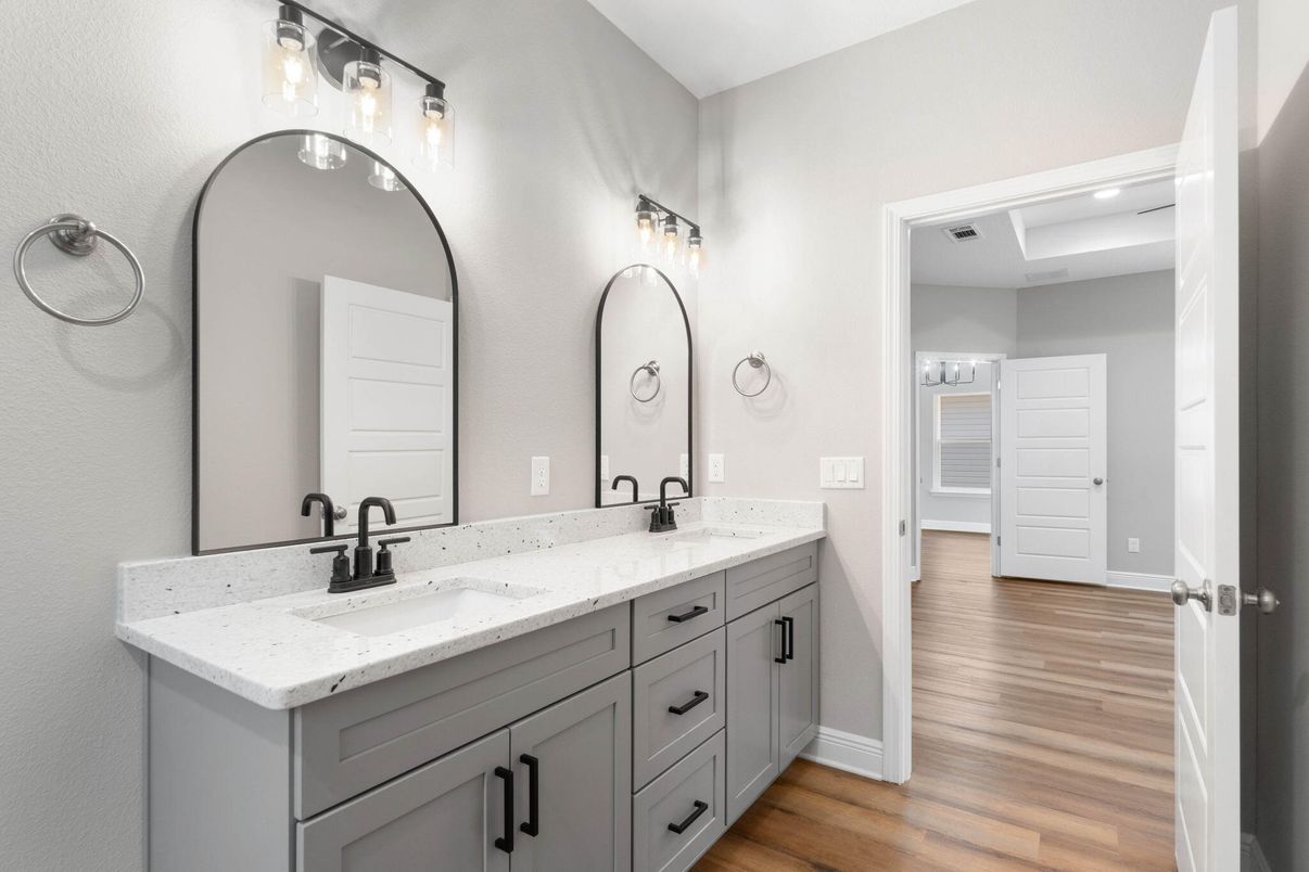 Bathroom, Dual Sink Vanities, Interior, Recessed Lighting, Wood Texture Flooring