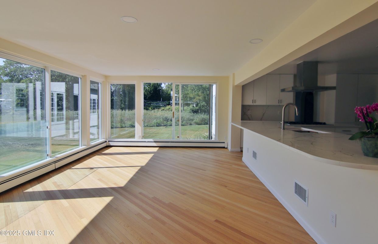 Interior, Kitchen, Marble Walls, Recessed Lighting, Wood Texture Flooring