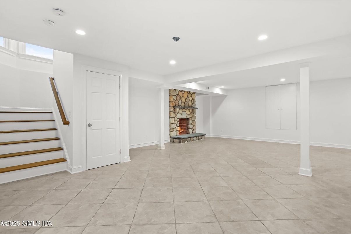 Empty room, Fireplace, Interior, Recessed Lighting, Stone Walls