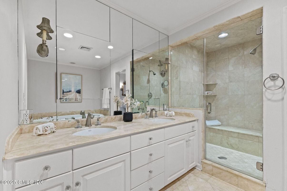Bathroom, Dual Sink Vanities, Glass Shower, Interior, Recessed Lighting