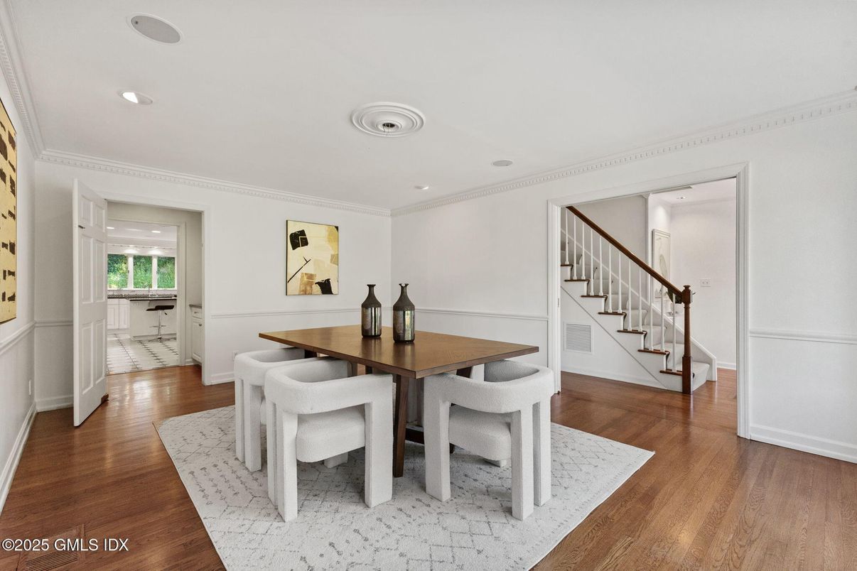 Dining room, Interior, Recessed Lighting, Wood Texture Flooring