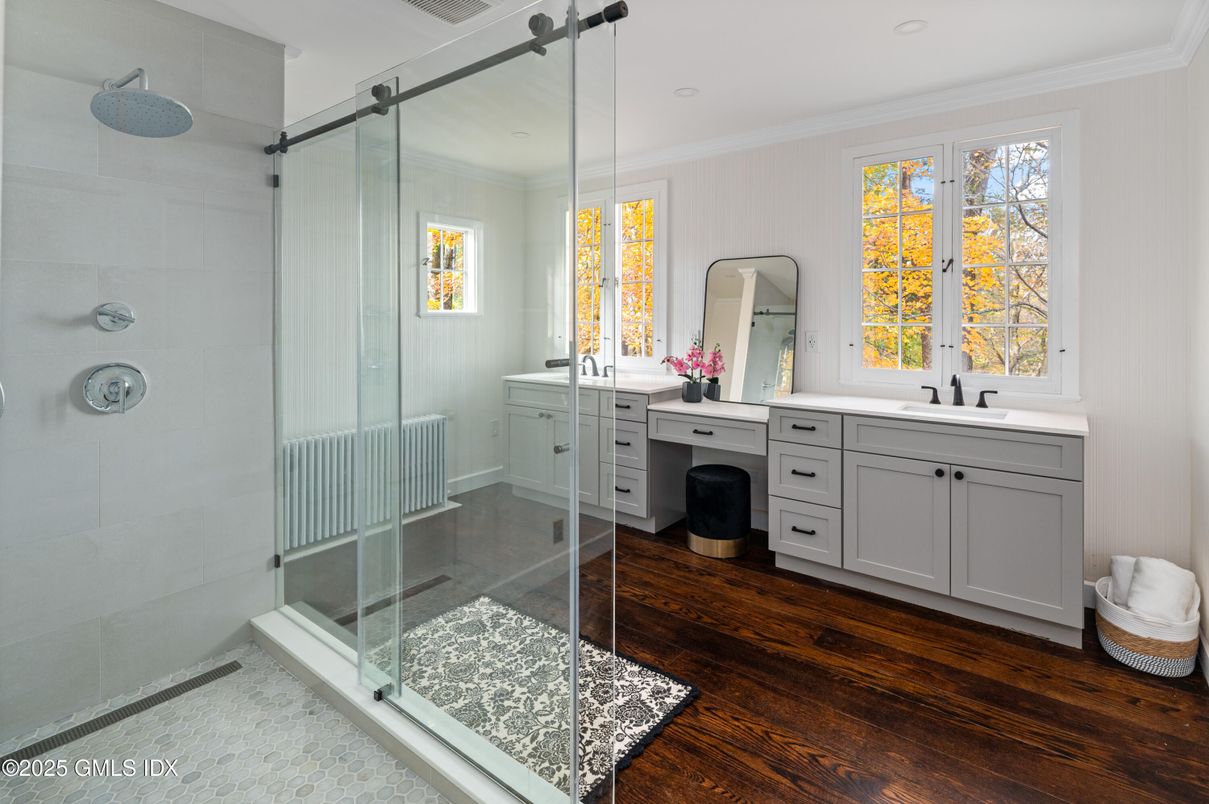 Bathroom, Glass Shower, Interior, Recessed Lighting, Wood Texture Flooring