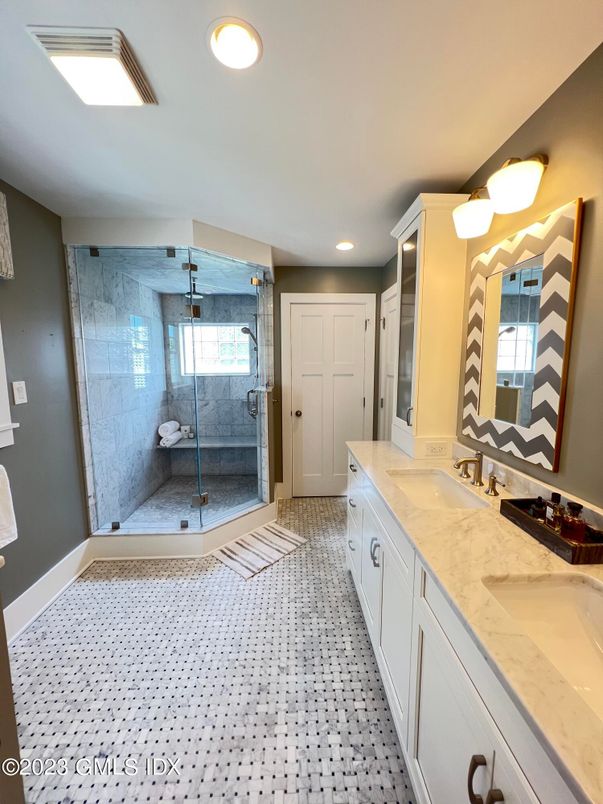 Bathroom, Dual Sink Vanities, Glass Shower, Interior, Recessed Lighting