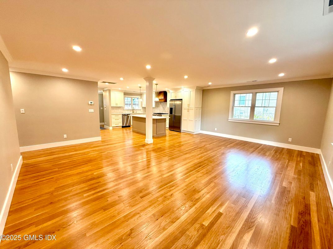 Empty room, Interior, Kitchen, Pendant Lights, Recessed Lighting, Wood Texture Flooring