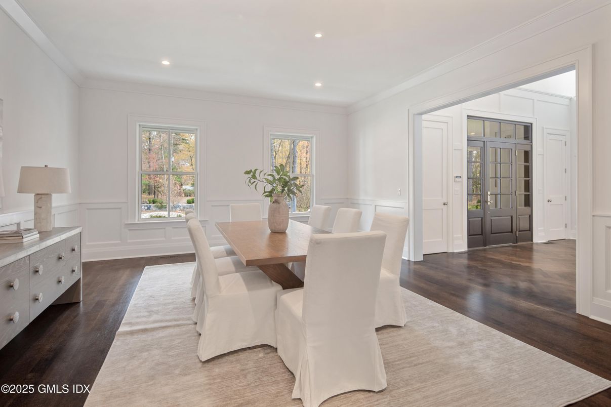 Dining room, Interior, Recessed Lighting, Wood Texture Flooring