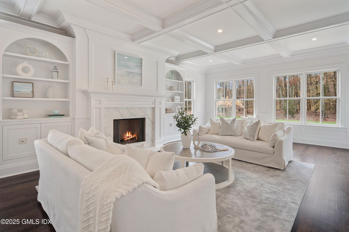 Fireplace, Interior, Living room, Recessed Lighting, Wood Texture Flooring