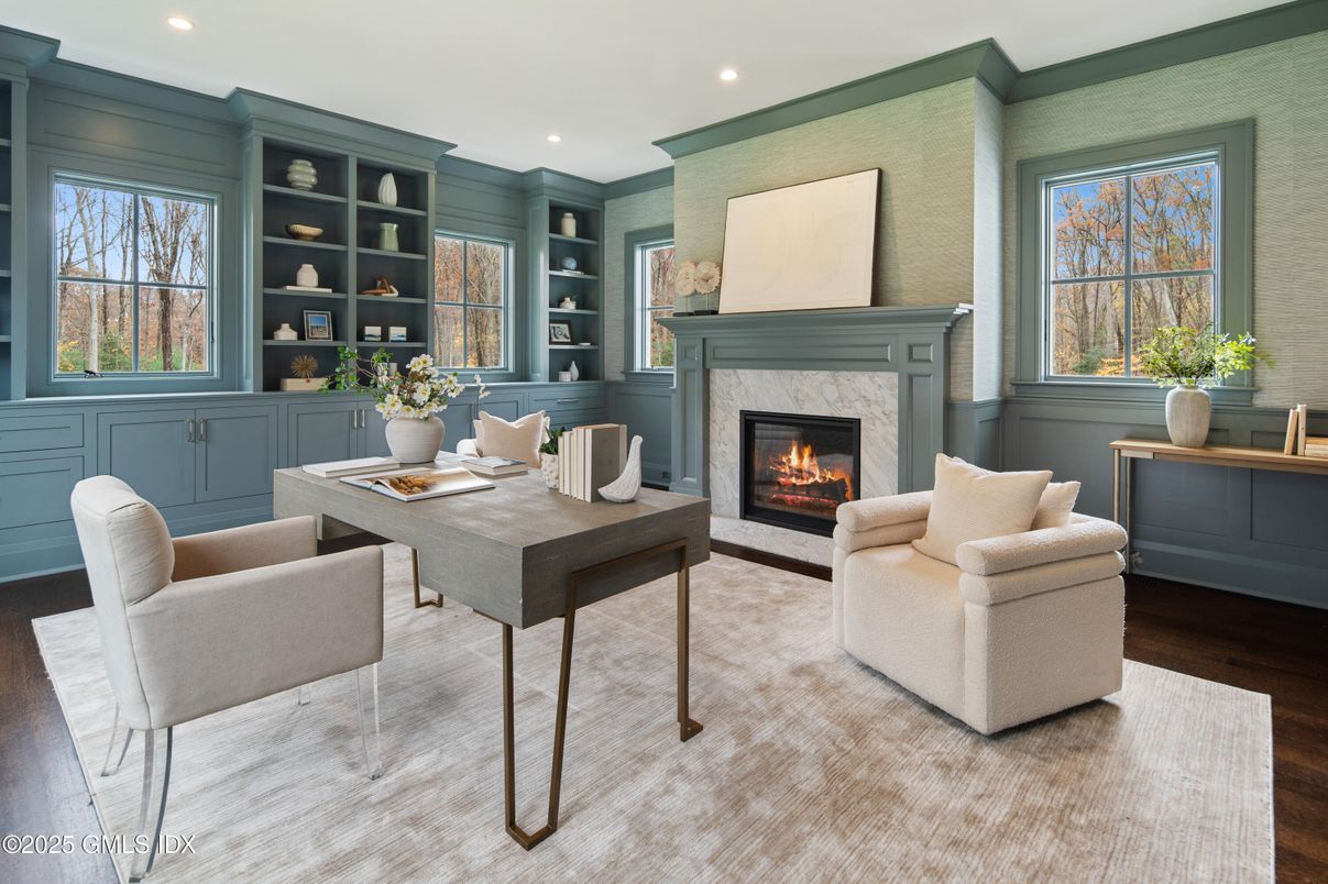 Fireplace, Home Office, Interior, Living room, Recessed Lighting, Wood Texture Flooring