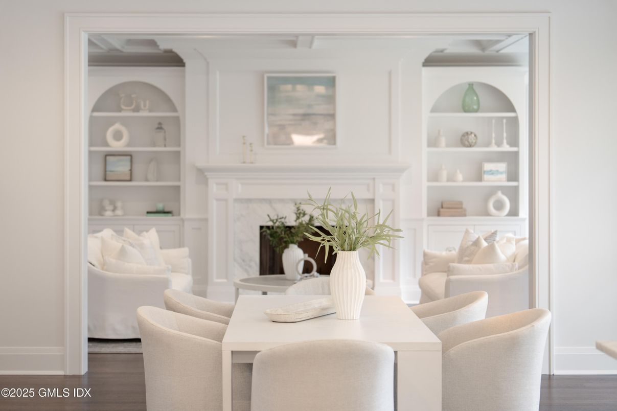 Dining room, Fireplace, Interior, Wood Texture Flooring