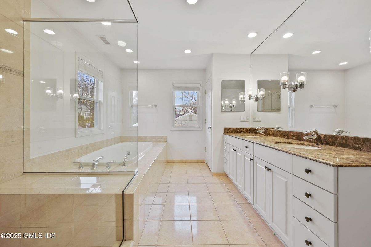 Bathroom, Dual Sink Vanities, Glass Shower, Interior, Recessed Lighting