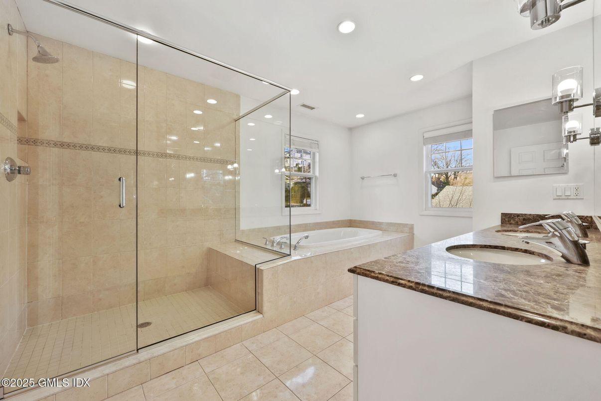 Bathroom, Dual Sink Vanities, Glass Shower, Interior, Recessed Lighting