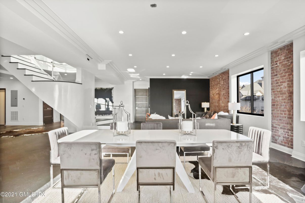 Dining room, Interior, Living room, Recessed Lighting, Stone Walls