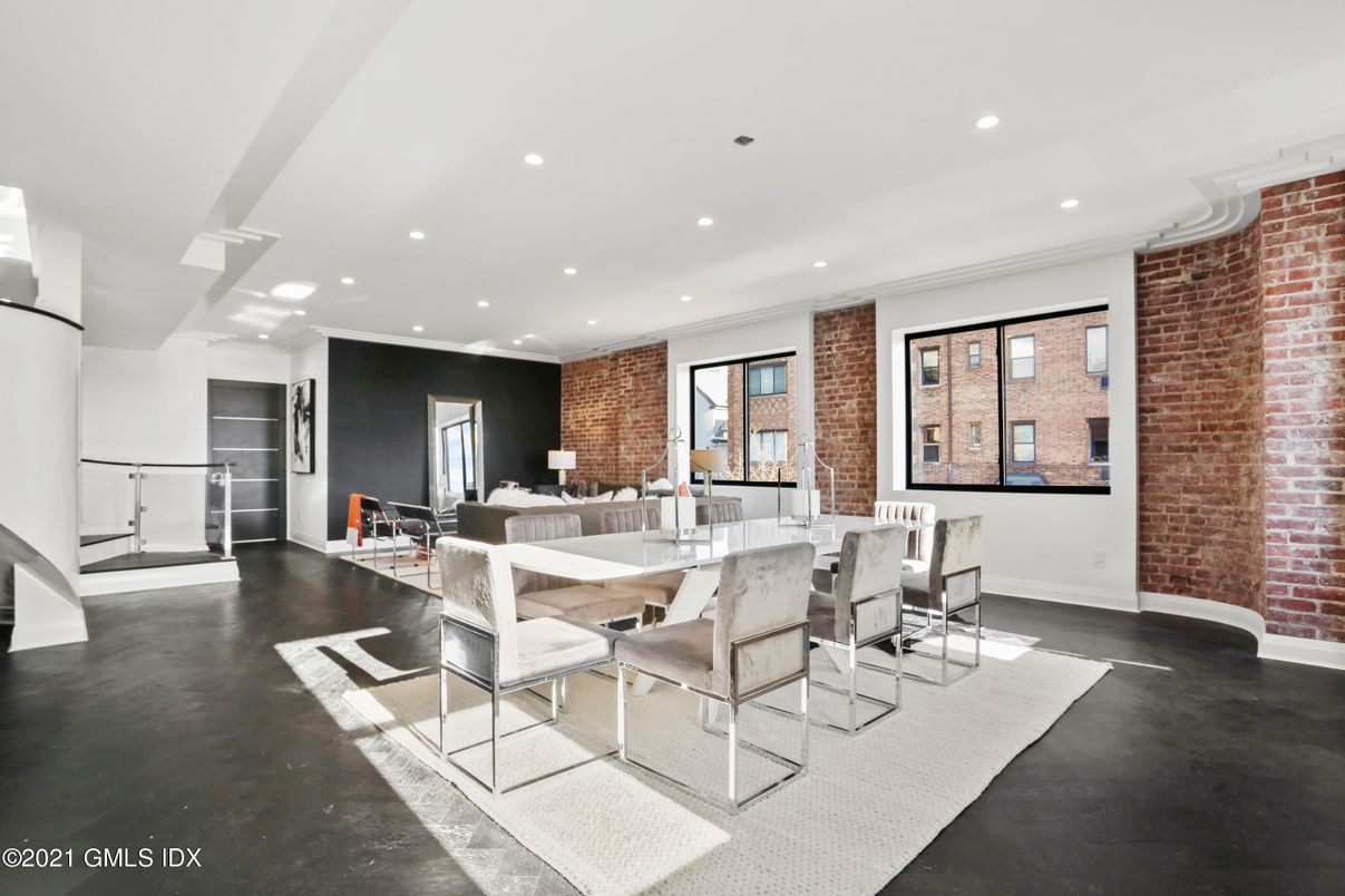 Dining room, Interior, Recessed Lighting, Stone Walls, Wood Texture Flooring