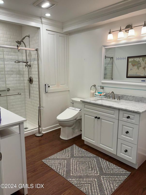 Bathroom, Glass Shower, Interior, Recessed Lighting, Wood Texture Flooring