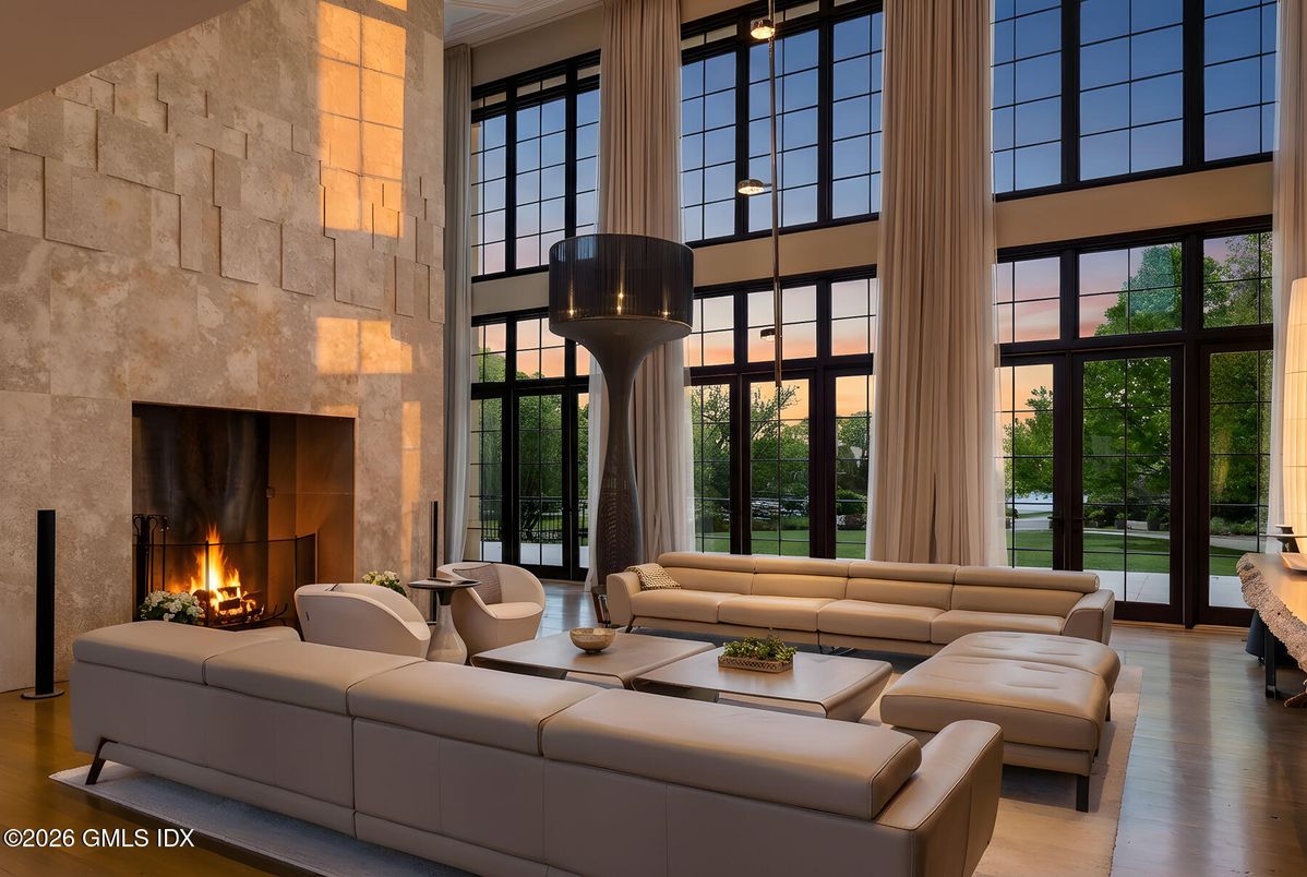 Fireplace, Interior, Living room, Pendant Lights, Stone Walls, Wood Texture Flooring