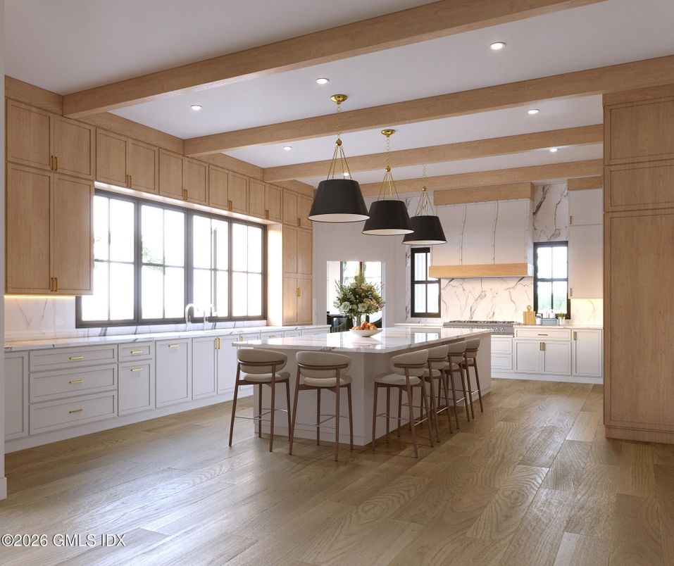 Interior, Kitchen, Marble Walls, Pendant Lights, Recessed Lighting, Wooden Beams, Wood Texture Flooring