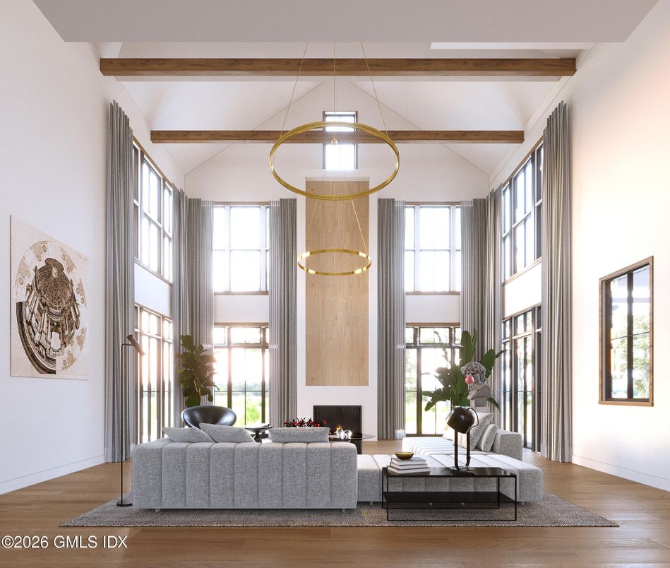 Fireplace, Interior, Living room, Pendant Lights, Wooden Beams, Wood Texture Flooring