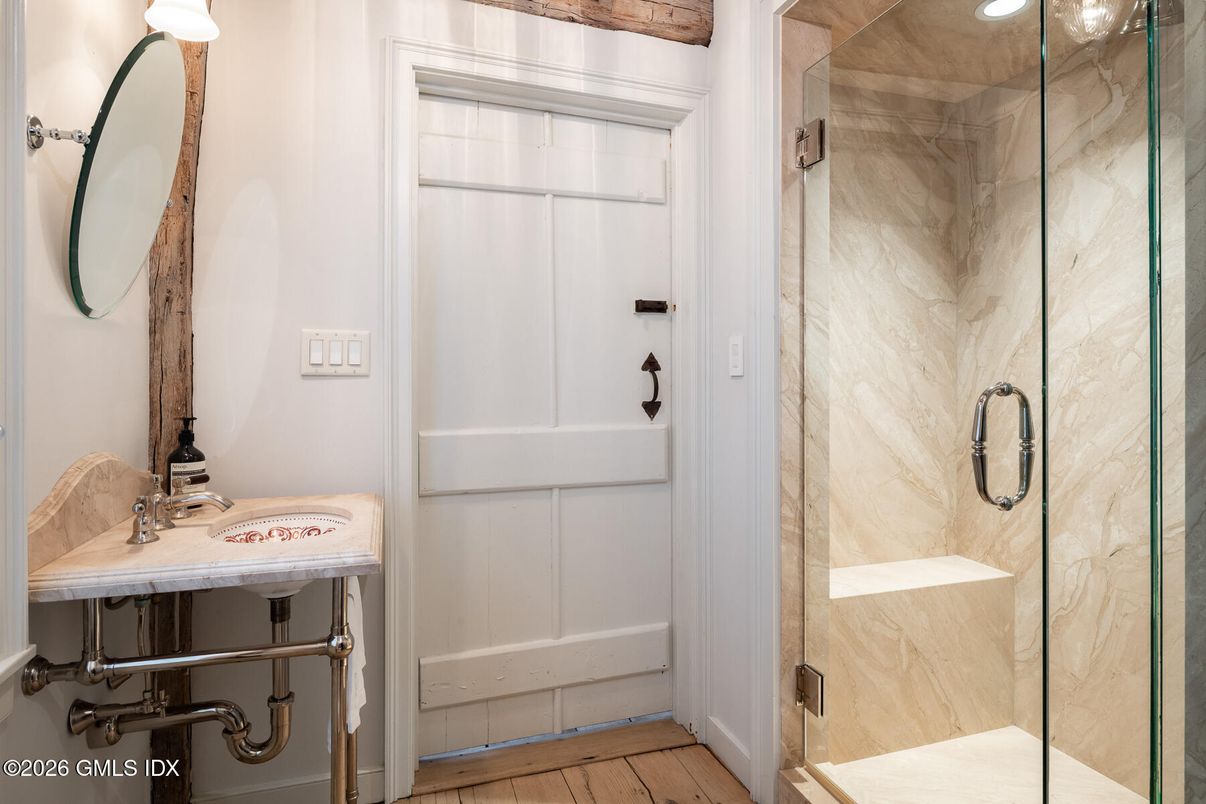 Bathroom, Glass Shower, Interior, Marble Walls, Wood Texture Flooring