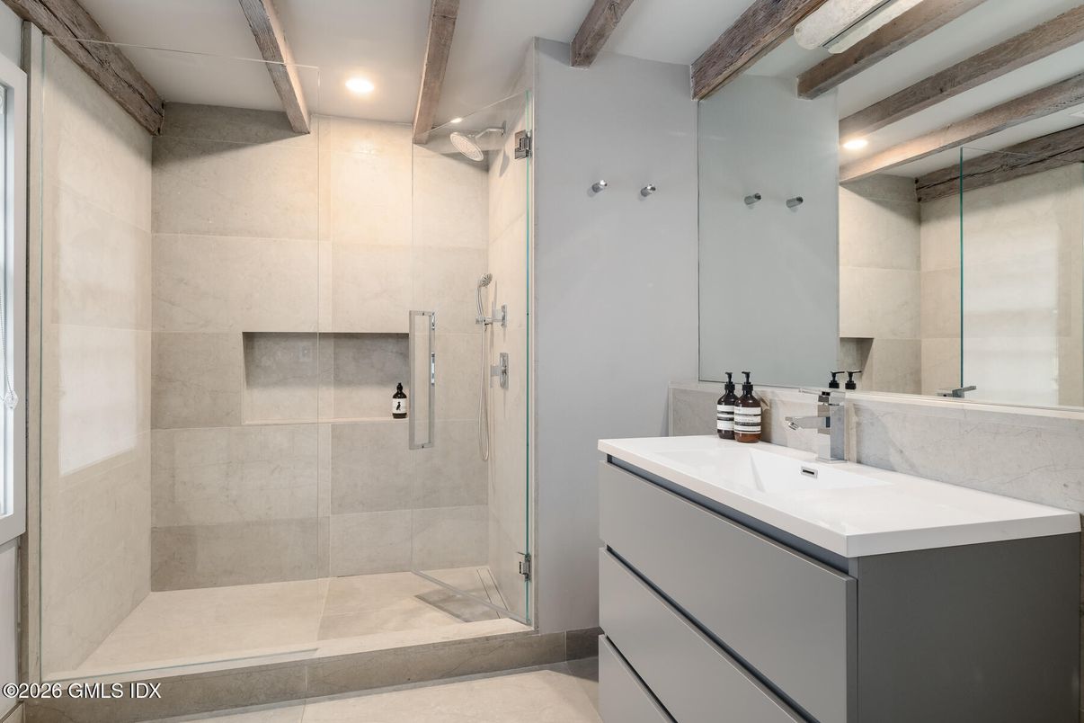 Bathroom, Glass Shower, Interior, Recessed Lighting, Wooden Beams