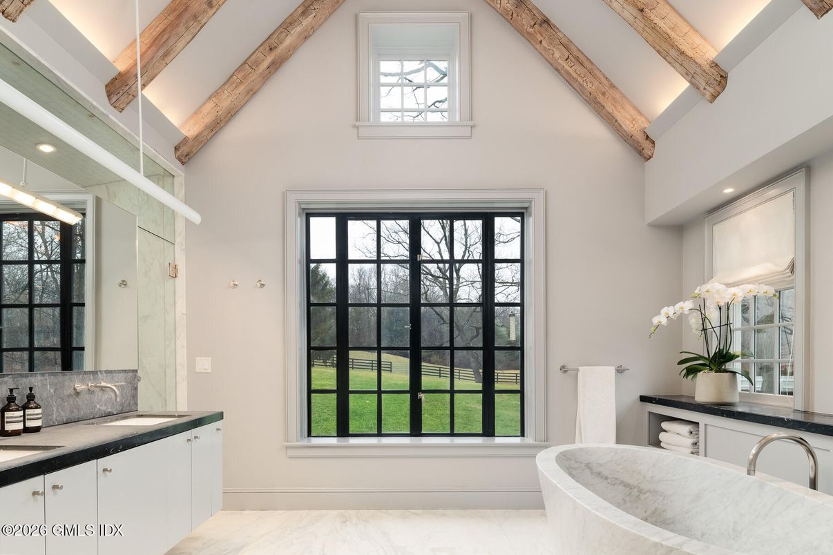 Bathroom, Interior, Marble, Recessed Lighting, Wooden Beams