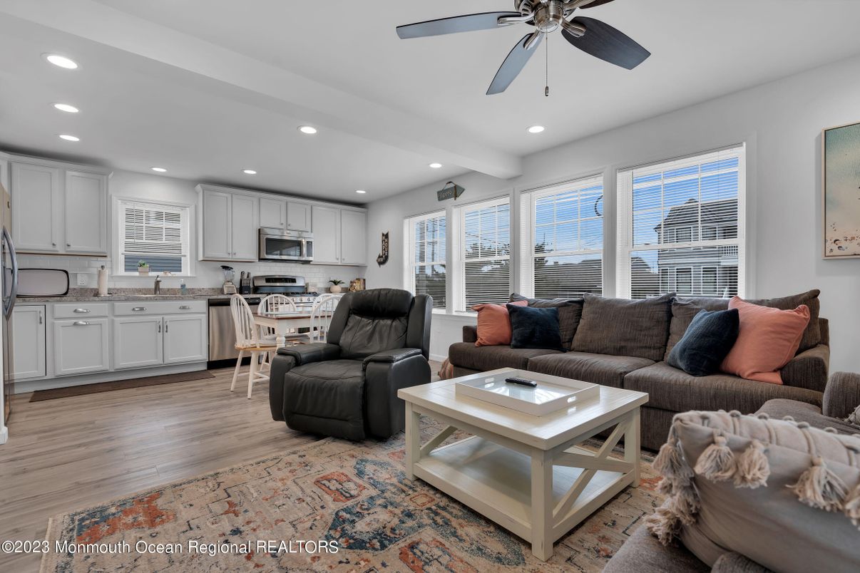 Dining room, Interior, Kitchen, Living room, Recessed Lighting, Wood Texture Flooring