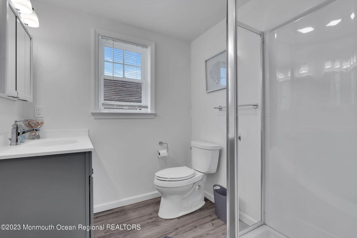 Bathroom, Glass Shower, Interior, Wood Texture Flooring
