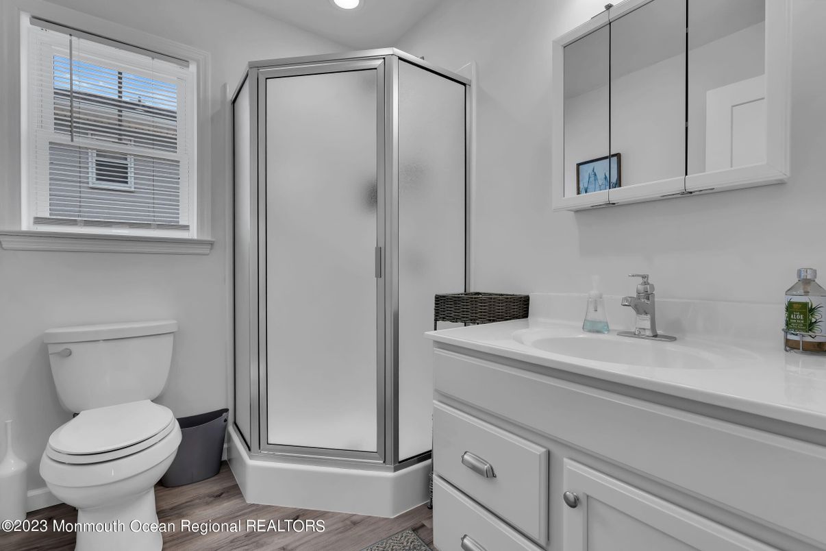 Bathroom, Glass Shower, Interior, Recessed Lighting, Wood Texture Flooring