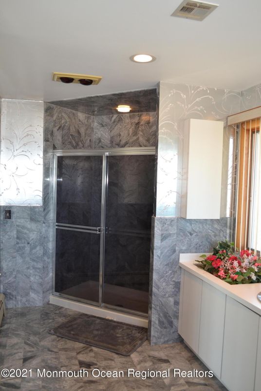 Bathroom, Glass Shower, Interior, Marble Walls, Recessed Lighting