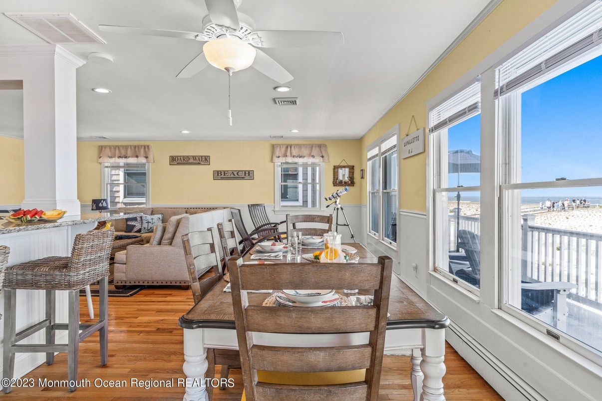 Dining room, Interior, Kitchen, Living room, Recessed Lighting, Wood Texture Flooring