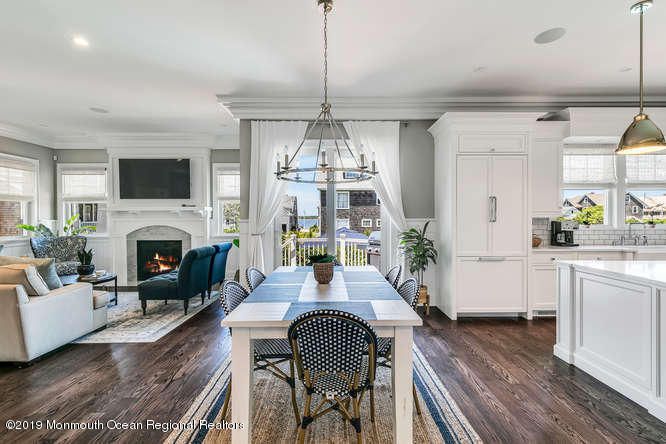 Dining room, Fireplace, Interior, Kitchen, Living room, Pendant Lights, Recessed Lighting, Wood Texture Flooring