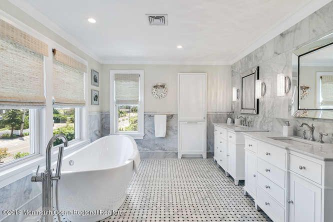 Bathroom, Dual Sink Vanities, Free Standing Baths, Interior, Marble Walls, Recessed Lighting
