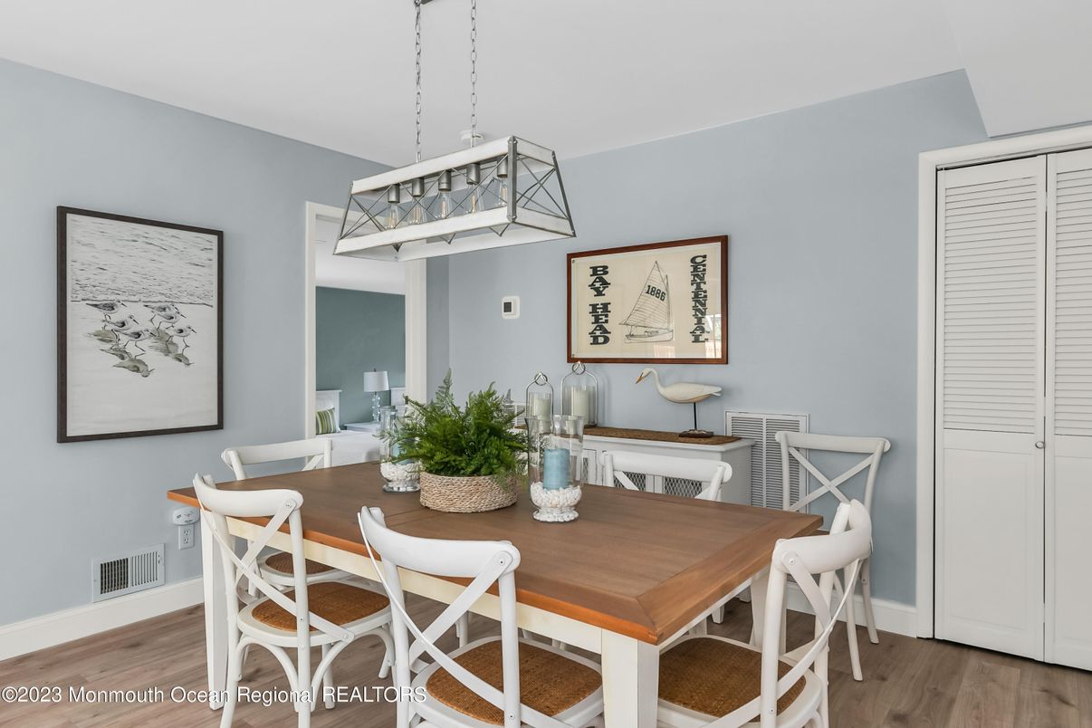 Dining room, Interior, Pendant Lights, Wood Texture Flooring