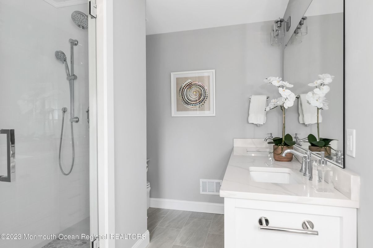 Bathroom, Glass Shower, Interior, Wood Texture Flooring