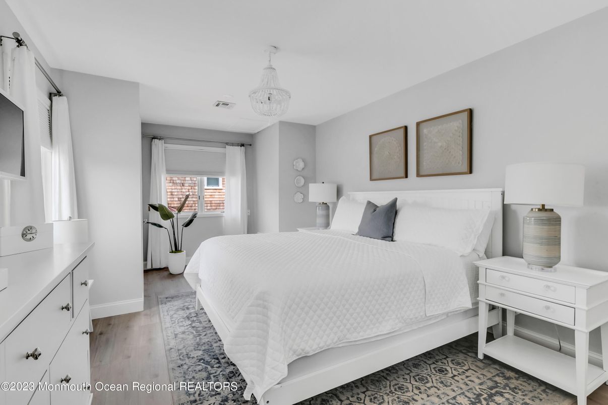 Bedroom, Chandelier, Interior, Wood Texture Flooring