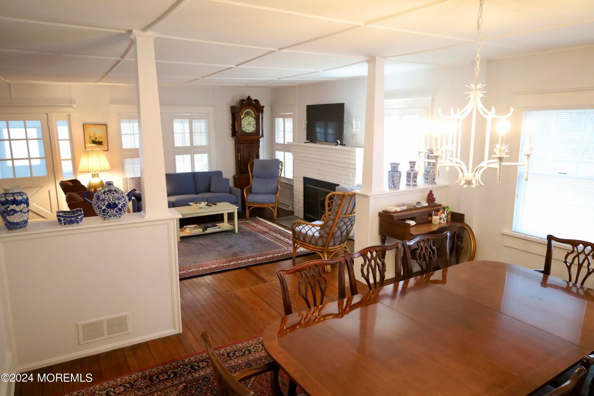 Dining room, Fireplace, Interior, Living room, Wood Texture Flooring