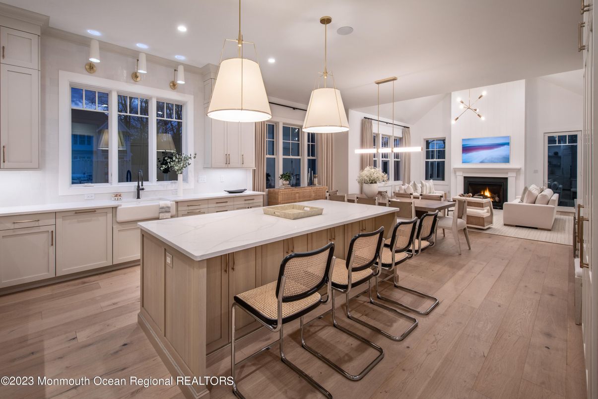 Dining room, Fireplace, Interior, Kitchen, Living room, Pendant Lights, Recessed Lighting, Wood Texture Flooring
