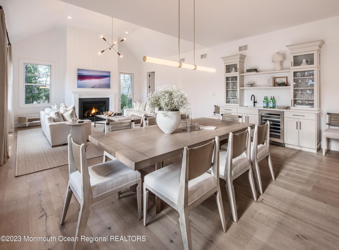 Dining room, Fireplace, Interior, Kitchen, Living room, Pendant Lights, Wood Texture Flooring