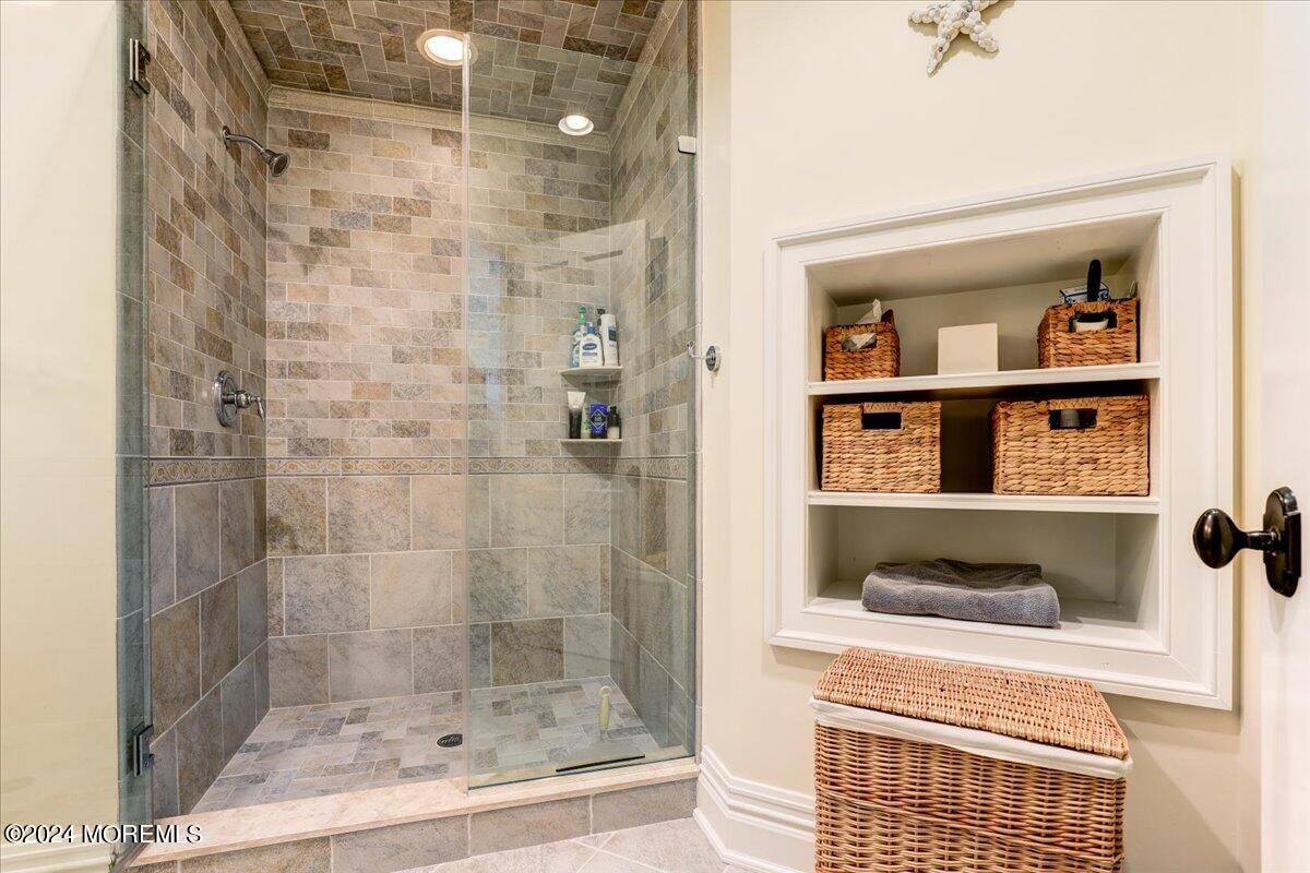 Bathroom, Glass Shower, Interior, Recessed Lighting, Stone Walls